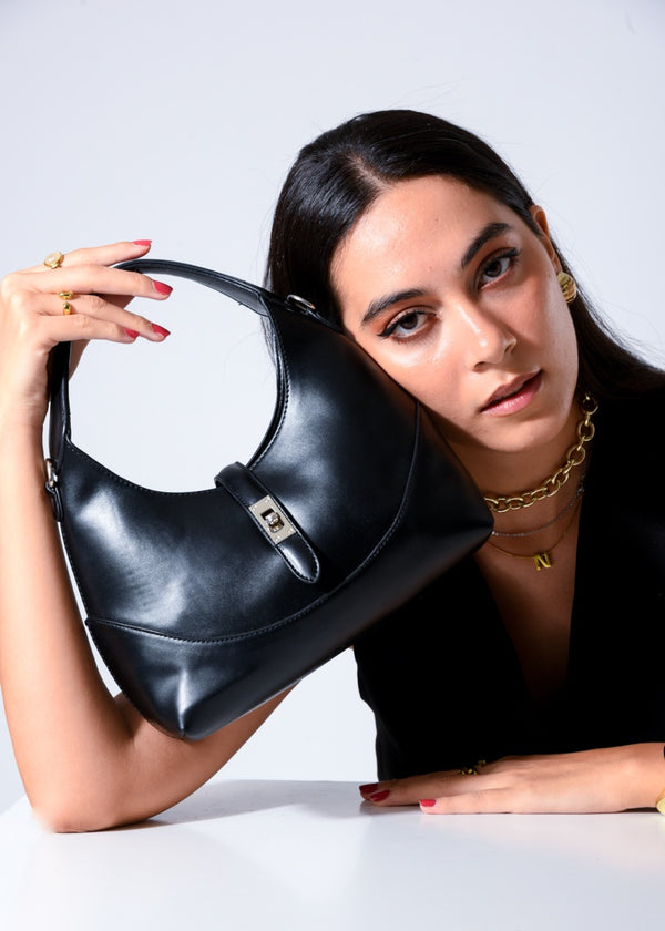 Curved Top Handle Bag - BLACK